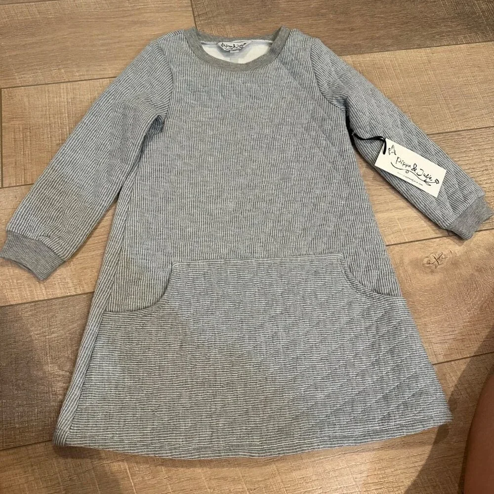Pippa & Julie Girls Long-Sleeve Striped Dress With Pockets Gray Size 6X Cotton
